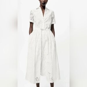 Zara White Midi Eyelet Dress